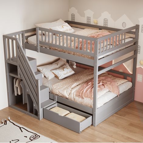 Kinder-Hochbett 140x200 cm mit Stauraum, sicherer Leiter und Schubladen, grau HAVRYA (1/5)