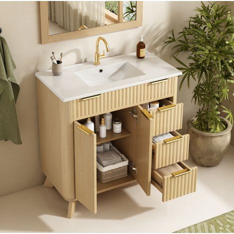 Meuble sous-vasque 81 cm avec 3 tiroirs et portes à fermeture douce, vasque céramique, bois naturel (1/5)