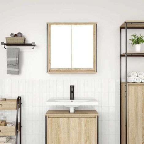 Armoire de Toilette Miroir 60x21x60 cm, Meuble de Rangement Mural en Bois Couleur Chêne, Placard de Salle de Bain avec Étagères pour Organisateur Cosmétique (1/5)