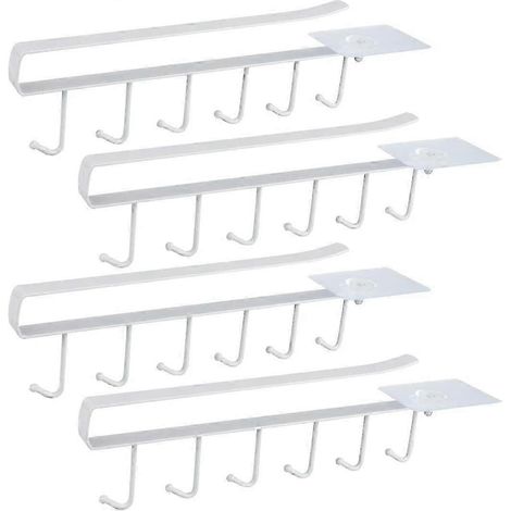 Lot de 4 crochets porte-gobelets à fixer sous un meuble, 6 crochets par crochet, fixation par vis auto-adhésive, pour tasses, foulards, cravates, blanc (1/5)