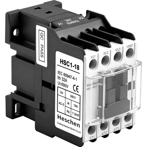 Contacteur moteur AC 24 V AC Bobine 18 A HSC1-1810 3 broches 3NO + 1NO contact auxiliaire 35 mm Montage sur rail DIN 7,5 kW 380 V Contacteur de puissance pour automatisation industrielle (1/5)