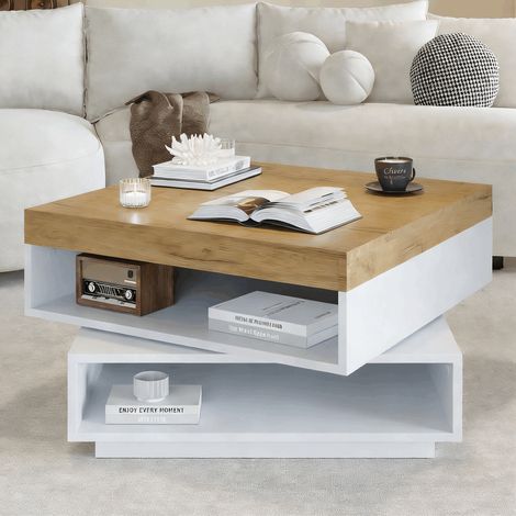 Table basse carrée 65 x 65 x 40 cm blanc bois plateau pivotant 360° LED USB rangement ouvert MDF charge 30 kg petit salon chic (1/5)