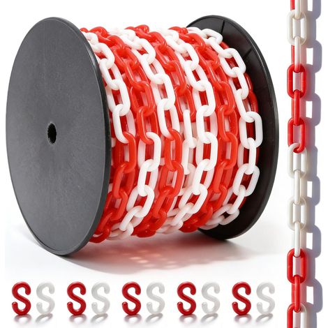 Chaîne de barrière de 25 m en plastique rouge et blanc : 6 mm Chaîne d'avertissement robuste en plastique, chaîne d'arrêt flexible pour parking, pour chantier, parking, queues (1/5)