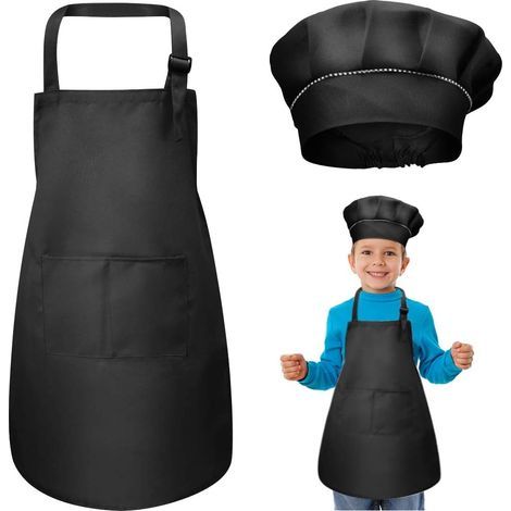 Tablier Enfant et Chapeau de Chef Set, Réglables Tabliers de Cuisine avec 2 Poches pour Filles Garçons, Bambin Tablier de Chef de Jardin pour Cuisson Peinture l'artisanat (7-13 Ans) (Noir)- (1/5)