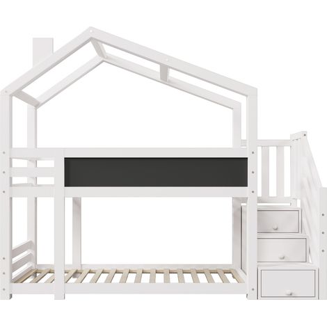 Lit cabane superposé enfant 90 x 200 cm blanc avec rangement, tableau noir et 2 sommiers à lattes (1/5)