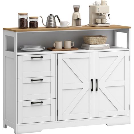 Buffet de cuisine - HOMCOM - 3 tiroirs et 2 portes façon grange - bois - 120 x 35 x 95 cm - blanc et chêne (1/5)