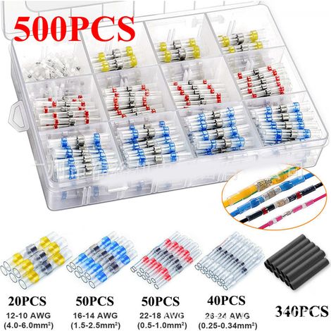 Lot de 500 connecteurs thermorétractables étanches à souder, blanc (40), rouge (50), bleu (50), jaune (20), tube (340). (1/5)