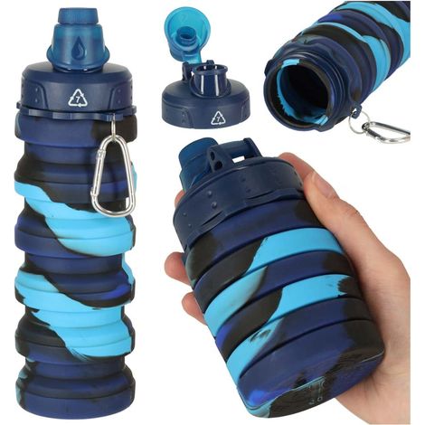 Botella de agua deportiva plegable de silicona azul de 500 ml con asa (1/5)