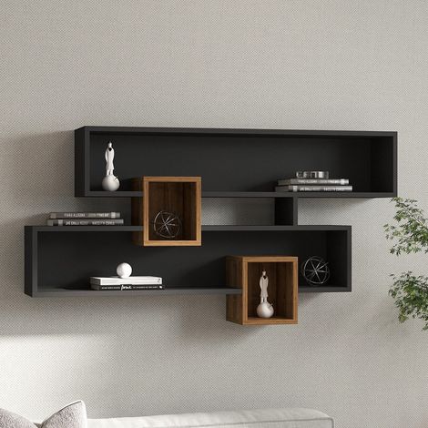 Regal Roddino, 4 Böden, Strukturfarbe Braun, Antrazit Schattierung, 120x22x75h cm Schwarz Antrazit (1/3)