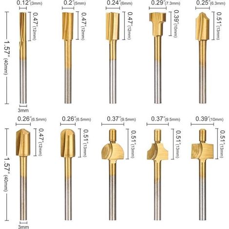 Jeux de fraises - Jeu de 10 fraises - Jeu de mini fraises - 1/8" (3 mm) - HSS - Travail du bois - Jeu d'accessoires multi-outils adapté aux multioutils Dremel - Jeu de fraises 10 pièces.. (1/3)