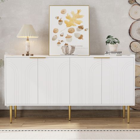 Sideboard 140x38x75 cm con 4 ante, ripiani regolabili, gambe in ferro dorato, MDF bianco (1/5)