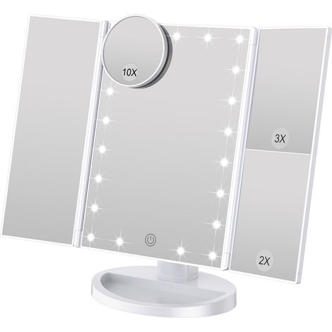 Espejo de maquillaje con brillo ajustable, 22 LED y aumento de 1X/2X/3X, doble fuente de alimentación (blanco) (1/5)