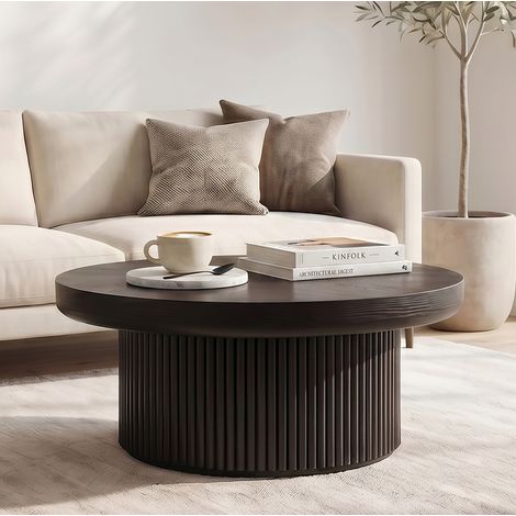 Couchtisch Ø 78 cm in Schwarz mit Parkettoptik und geriffeltem Rundsockel (1/5)