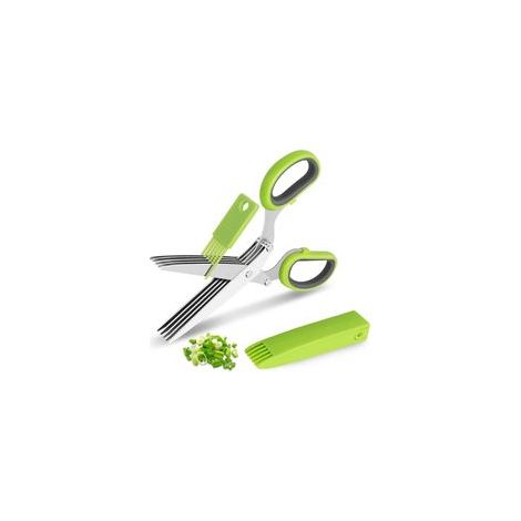 5-Klingen-Kräuterschere aus lebensmittelechtem Edelstahl – Küchenschere – Robustes Dreifach-Verriegelungsdesign – Ergonomischer Griff (Grau-Grün, wiederverschließbarer OPP-Beutel) – Crezuo