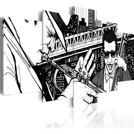 Quadro - Concerto jazz sullo sfondo di grattacieli di New York: 5 pezzi - 100x50 (1/4)