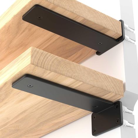 Support d'étagère flottant robuste (lot de 6, 15 cm) en métal noir (épaisseur 6 mm), capacité de charge supérieure à 72 kg, revêtement en poudre, fixation murale incluse (1/5)