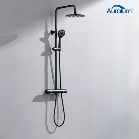 Auralum Columna Ducha Termostática Negro, Conjunto de ducha con Grifo Termostatico, Sistema de Ducha con Alcachofa de ducha lluvia y 3 modos Ducha de Mano, Altura regulable 84-121cm (1/5)