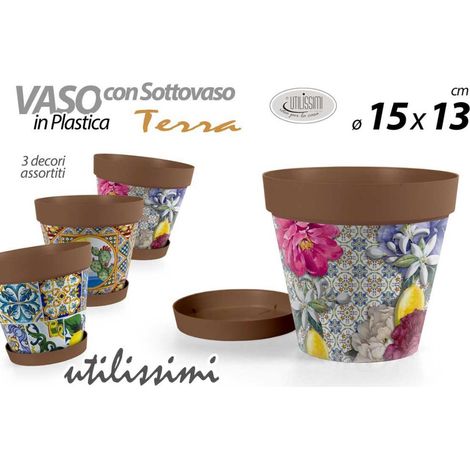 Vaso da Giardino con Sottovaso in Plastica Decoro Terra 15 x 13 cm 3 Decori (1/2)