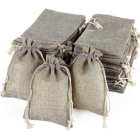 Lot de 50 sachets en lin et chanvre, sacs à cordon en toile de jute, mini-cadeaux naturels et légers (1/5)