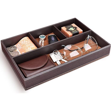 Bandeja organizadora de cuero para mesilla de noche y escritorio, con 4 compartimentos, ideal para guardar llaves, cartera, teléfono, relojes, joyas, dinero y gemelos (marrón).