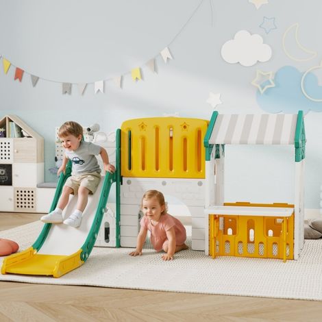 Toboggan enfant 189x111x180 cm en plastique jaune et vert, 7-en-1 intérieur, 1-4 ans FLORAGRACE (1/5)