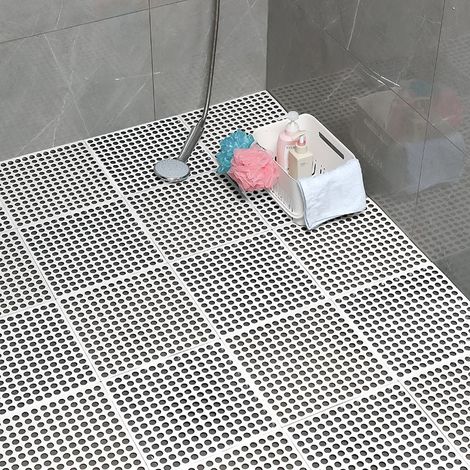 Tapis de carrelage de pont de bain blanc, tapis de carrelage de douche antidérapant, avec trous de drainage 30x30cm 5 pièces (1/5)