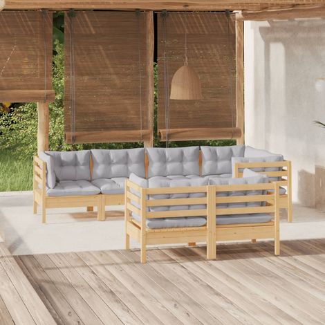Salon de jardin 7 pcs,Mobilier de terrasse,Table et Chaise pour Relax avec coussins gris Bois de pin massif -YZ155425 (1/5)