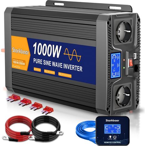 Convertisseur 12V vers 230V Onde Sinusoïdale Pure 1000W/2000W Onduleur Auto Transformateur de Tension avec Télécommande, Écran LCD, 2 Prises EU, USB-C (1/5)