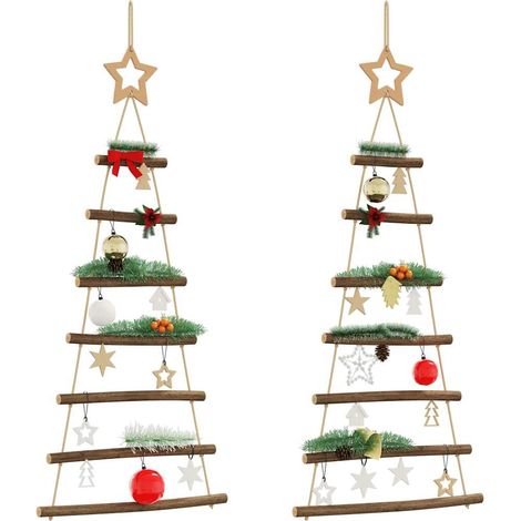 Sapins de Noël Suspendus en Bois Naturel Décoration Murale avec Étoile 2 Pièces 42x90 cm - PANGIVO (1/5)