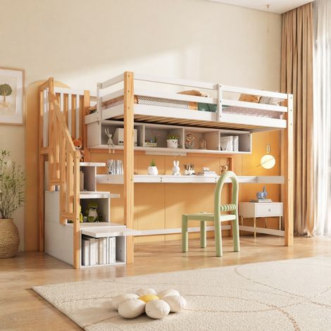 Lit 90x200 enfant avec bureau et rangements blanc HAVRYA (1/5)