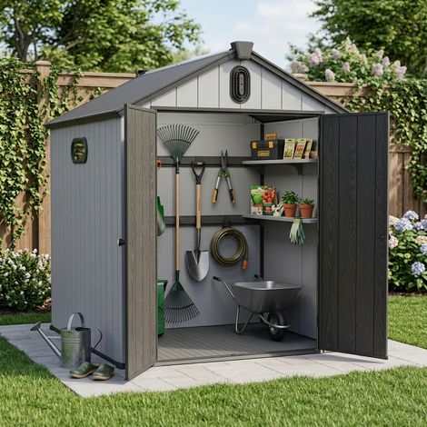 Cabanon stockage plastique résine 68ft, abri outils jardin spacieux avec toit pointu extérieur (1/5)