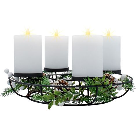 Metall Adventskranz mit 4 LED Kerzen in warm weiß - 33 cm - Weihnachts Tischkranz mit Dekoration - Weihnachten Advent Kerzenhalter Kerzenleuchter inklusive Weihnachtsdeko
