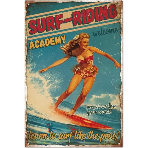 Plaque métallique en étain vintage de Pin Up Lady 20x30 cm, Plaque de porte de chambre en étain rétro drôle de mer et de surf, Plaques de cave, Plaque d'art, Affiche, Décoration murale (1/5)