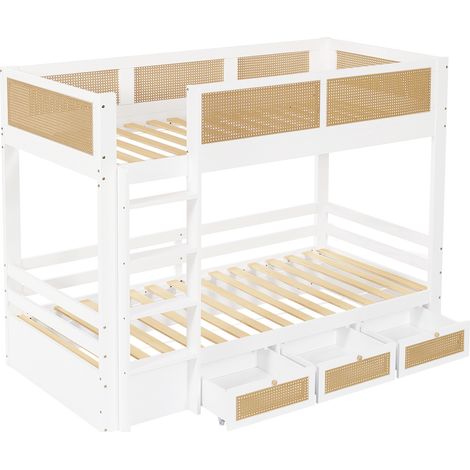 Kinder-Etagenbett 90x200 cm mit 3 Schubladen, Leiter und Absturzsicherung, weiß/natur (1/5)