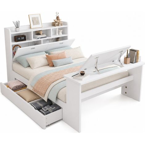 CHICFURN Cama juvenil 140x200 cm de madera con almacenamiento, cabecero con estante, cajón lateral reversible y mesa abatible regulable para estudio y lectura (1/5)