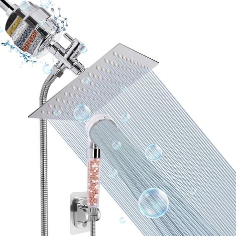 Soffione doccia, soffione doccia ad alta pressione con filtro combinato per acqua dura, rimuove fluoro e sostanze nocive - 1 cartuccia sostituibile (8", cromato) (1/5)