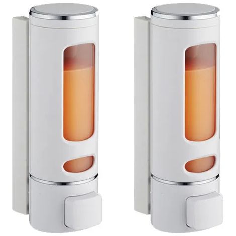 Distributeur de savon mural (blanc, lot de 2) 400 ml (simple/double) pour douche et bain, avec accessoires de salle de bain et distributeur de gel douche et gel. (1/5)