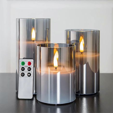 Eywamage Flammenlose LED-Glas-Säulenkerzen mit Fernbedienung, batteriebetrieben, Echtwachsdocht, 3er-Set, Durchmesser 3 cm, Höhe 4,5 cm, Grau (1/5)