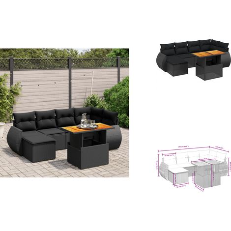 The Living Store Salon de jardin 7 pcs avec coussins noir résine tressée - Meubles d'extérieur (1/3)