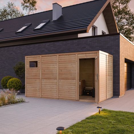 Caseta Jardin Exterior Madera 8,16 m², Cobertizo jardin exterior para Bicicletas y Herramientas, Caseta de Almacenamiento con paredes de 17 mm y suelo impregnado, TIMBELA M327F1+M327G