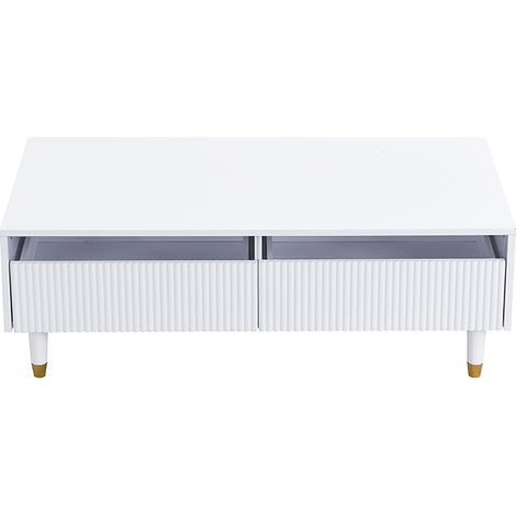 Table basse moderne avec LED, plateau ondulé en acrylique, 110 x 50 x 40 cm, pieds en bois massif blanc et doré (1/5)