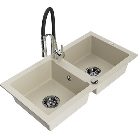 Mexen Mario lavello da cucina in granito a 2 vasche con rubinetto da cucina Aster, beige - 6504-69-73450-07-B (1/5)