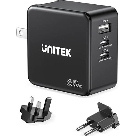 UNITEK CHARGER GAN. PD 65W 2X USB-C. USB-A TRAVEL (1/3)