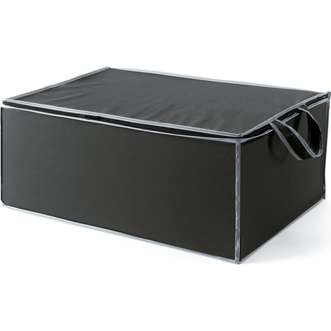 Housse de rangement pour couette et vêtements zippée avec poignées, coloris noir et liseré gris, rangement placards (1/5)