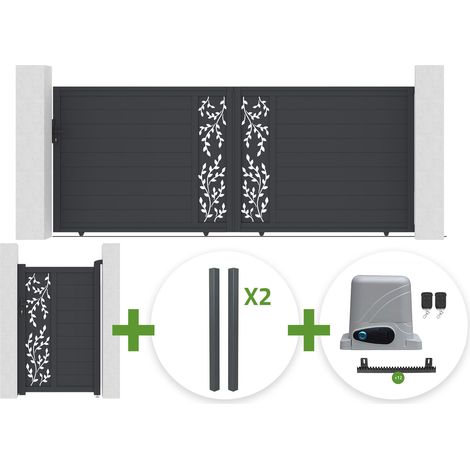 Portail coulissant 4m FOLYA H.160cm aluminium gris + 4 poteaux + Portillon 1m FOLYA H.160cm + motorisation Ranger C300 (1/5)