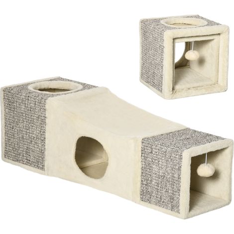 Katzentunnel für drinnen mit Hängeball, mehreren Sisal-Eingängen, 98 x 30 x 30 cm, cremefarben