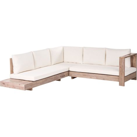 Outdoor Corner Sofa Set Light Certified Acacia Wood with White Cushions Left Hand 5 Seater Lounge Set with Side Table MARETTIMO (1/5)