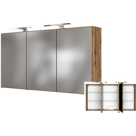 3D Spiegelschrank 120 cm mit LED-Aufbauleuchte LOUROSA-03 in Wotaneiche Nb., B/H/T: ca. 120/66/20 cm (1/5)