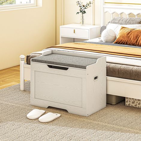 Banc de rangement 103 L, banc de rangement multifonctionnel avec coussin en tissu lavable, banc de rangement en bois pour entrée, couloir, chambre, salon, 75 x 40 x 56 cm, blanc