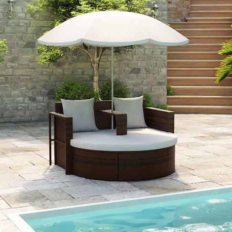 vidaXL Lit de jardin avec parasol Marron Résine tressée (1/5)